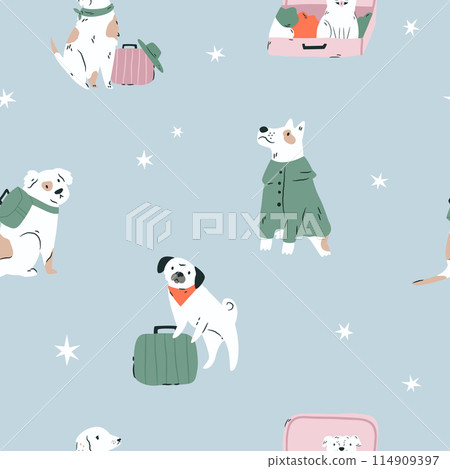 Seamless pattern with funny dogs and travelling vibes 114909397