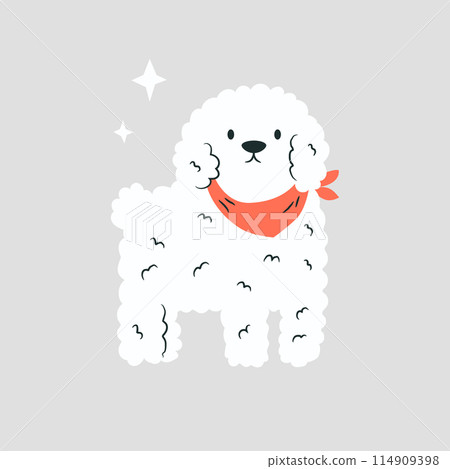 Vector hand drawn illustration of a happy white bichon frise with a red scarf, neckpiece. Vector hand drawn illustration of a happy white bichon frise with a red scarf, neckpiece. 114909398