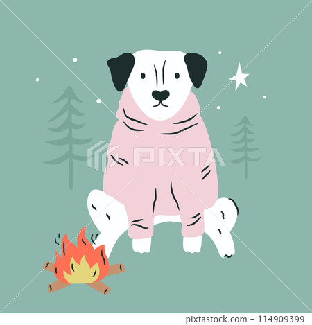 Vector illustration of a happy dog beside a campfire Vector illustration of a happy dog beside a campfire 114909399