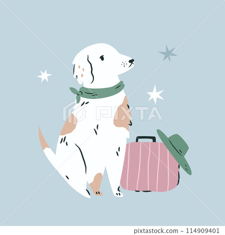 Vector illustration of a dog with suitcase, handbag. Vacation, journey vibe 114909401