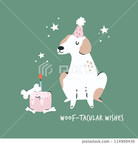 A dog in a holiday hat looking at the Birthday cake. Vector illustration, greeting card for Birthday wishes 114909430