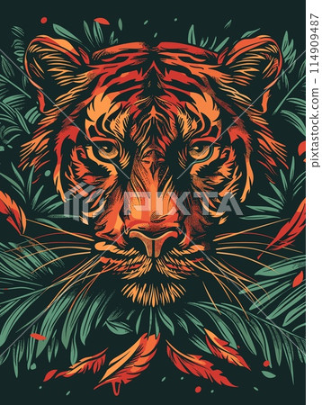 Tiger head with tropical leaves. Vector illustration for t-shirt design. 114909487