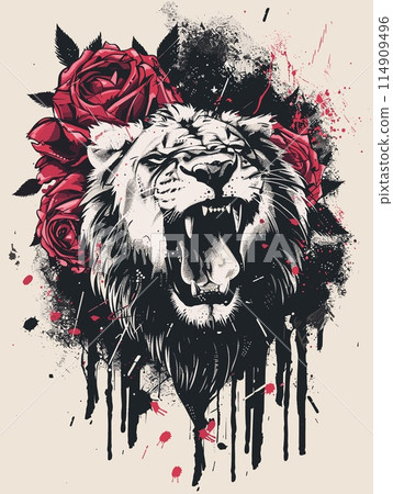 Lion head with red roses in grunge style. Vector illustration. 114909496