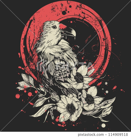 A bird with a red beak is sitting on a flower 114909518