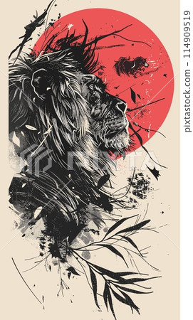 Lion in the forest. Hand drawn vector illustration in vintage style. 114909519
