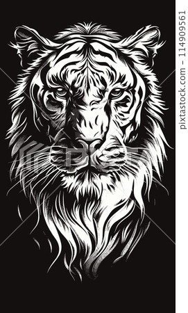 A tiger's face is shown in black and white 114909561