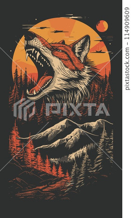 Vector illustration of a fox in front of a sunset in the forest 114909609