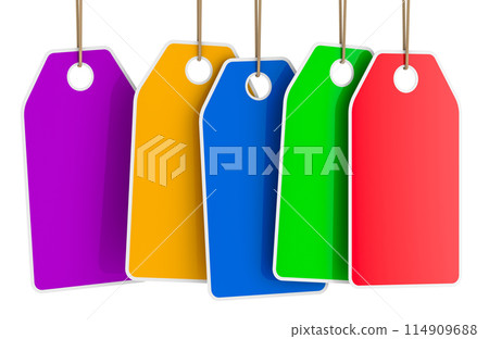 Colored hanging sale tags, 3D rendering Colored hanging sale tags, 3D rendering 114909688