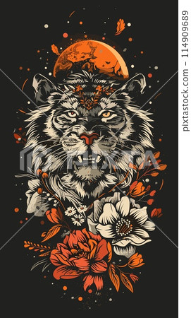 Greeting card with a cat and flowers. Vector illustration. Greeting card with a cat and flowers. Vector illustration. 114909689