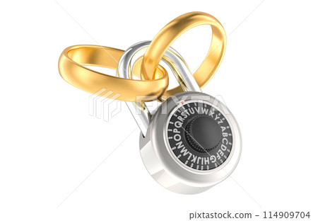 Golden wedding rings with combination padlock. 3D rendering 114909704