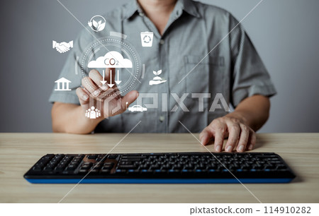 human are touch co2 icon to save energy,and reduce global warming,idea for environment conscious business,carbon credit,reducing greenhouse gas emissions,ESG for Environment Social and Governance 114910282