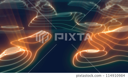 Yellow orange looped futuristic hi-tech landscape with mountains and canyons from glowing energy circles and magic lines. Abstract background 114910984