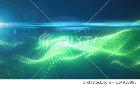 Green energy futuristic waves with light rays and energy particles. Abstract background 114910985