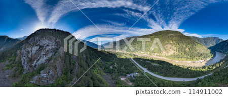 Aerial panorama of Canadian Mountain Landscape in Valley. Sunny Day. Scenic Highway Aerial panorama of Canadian Mountain Landscape in Valley. Sunny Day. Scenic Highway 114911002