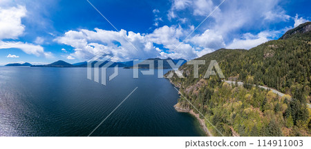 Sea to Sky Highway in Howe Sound, West Coast Ocean with Mountain Landscape. 114911003