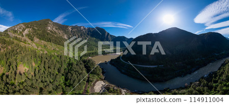 Aerial panorama of Canadian Mountain Landscape in Valley. Sunny Day. Aerial panorama of Canadian Mountain Landscape in Valley. Sunny Day. 114911004