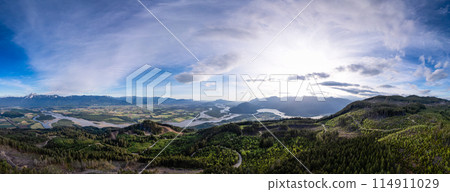 Aerial panorama of Canadian Mountain Landscape in Valley. Sunny Sunset Aerial panorama of Canadian Mountain Landscape in Valley. Sunny Sunset 114911029