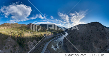 Aerial panorama of Canadian Mountain Landscape in Valley. Sunny Day. Scenic Highway Aerial panorama of Canadian Mountain Landscape in Valley. Sunny Day. Scenic Highway 114911040
