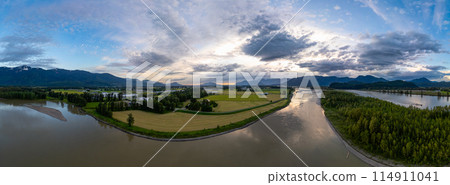 Aerial panorama of Canadian Mountain Landscape in Valley. Sunny Sunset Aerial panorama of Canadian Mountain Landscape in Valley. Sunny Sunset 114911041