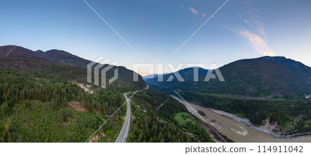 Aerial panorama of Canadian Mountain Landscape in Valley. Sunny Sunset 114911042