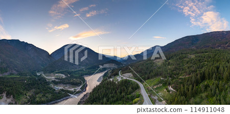 Aerial panorama of Canadian Mountain Landscape in Valley. Sunny Sunset 114911048