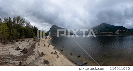 Aerial Canadian Mountain Landscape with lake. Cloudy Rainy Day. 114911050