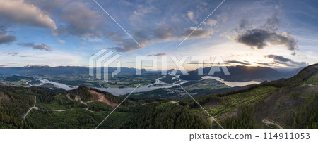 Aerial panorama of Canadian Mountain Landscape in Valley. Sunny Sunset 114911053