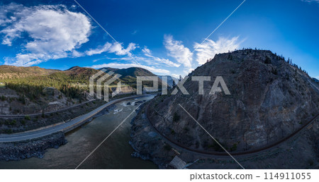 Aerial panorama of Canadian Mountain Landscape in Valley. Sunny Day. Scenic Highway Aerial panorama of Canadian Mountain Landscape in Valley. Sunny Day. Scenic Highway 114911055