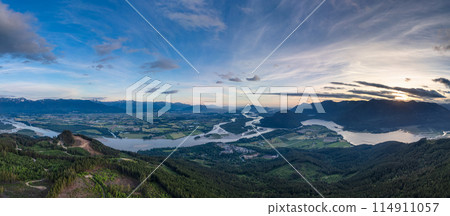 Aerial panorama of Canadian Mountain Landscape in Valley. Sunny Sunset Aerial panorama of Canadian Mountain Landscape in Valley. Sunny Sunset 114911057