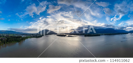 Aerial panorama of Canadian Mountain Landscape in Valley. Sunny Sunset 114911062