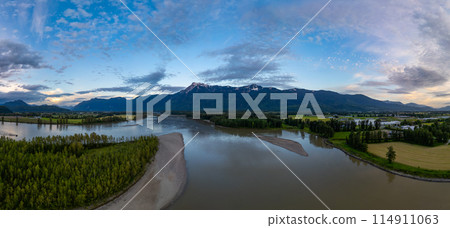 Aerial panorama of Canadian Mountain Landscape in Valley. Sunny Sunset Aerial panorama of Canadian Mountain Landscape in Valley. Sunny Sunset 114911063