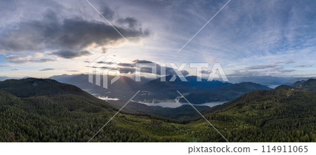 Aerial panorama of Canadian Mountain Landscape in Valley. Sunny Sunset 114911065