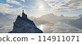Adventure Man on top of Rocky Mountain Peak. Nature Landscape dramatic Sunset. 3d Rendering 114911071