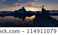 Adventure Man on top of Rocky Mountain Peak. Nature Landscape dramatic Sunset. 3d Rendering 114911079