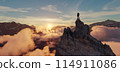 Adventure Man on top of Rocky Mountain Peak. Nature Landscape dramatic Sunset. 3d Rendering 114911086