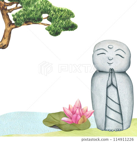Jizo Bosatsu monk and Buds Pink Lotus from the Japanese Garden. Hand drawn watercolor illustration of Japanese Stone buddha Monk statue. Prayer Statue and tropical Water Lily. Smiling Buddha Figurine 114911226