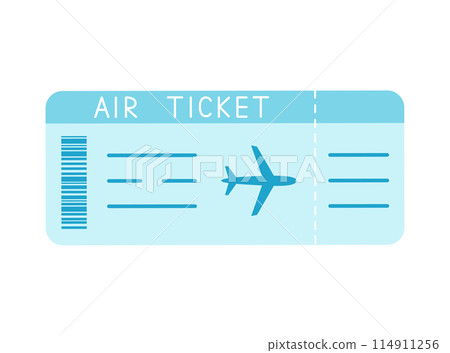 Air ticket in simple style isolated on white background. Blue boarding pass with bar code and airplane silhouette. Travel concept vector flat illustration 114911256