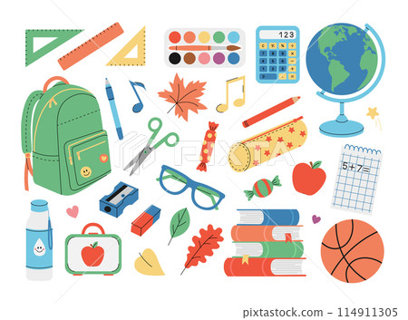 School supplies set. Backpack, globe, books, notebook, calculator, pen, pencil, paints, rulers, scissors etc. Stationery for study. Vector flat illustration isolated on white background School supplies set. Backpack, globe, books, notebook, calculator, pen, pencil, paints, rulers, scissors etc. Stationery for study. Vector flat illustration isolated on white background 114911305