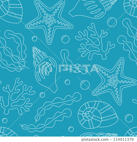 Seamless pattern with starfish, seashells, seaweed and bubbles. Contour white sea elements on a blue background. Underwater life. Vector illustration 114911370