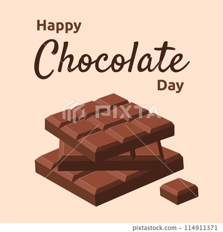 Happy Chocolate Day. Holiday design with chocolate bars stacked on top of each other for social media post, banner, poster, card. Vector flat illustration isolated on blue background Happy Chocolate Day. Holiday design with chocolate bars stacked on top of each other for social media post, banner, poster, card. Vector flat illustration isolated on blue background 114911371