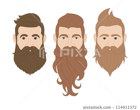 Set of brutal bearded male heads. Men with fashion haircuts and beard and mustache style. Hipster man. Barbershop concept. Vector illustration isolated on white background 114911372
