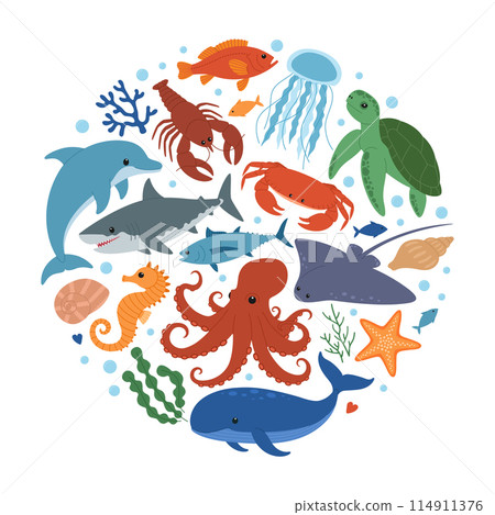 Sea and ocean animals in circle shape. Cute dolphin, whale, crab, seahorse, starfish, lobster, turtle, stingray, octopus, shark, jellyfish and fish. Wild marine creatures. Vector illustration Sea and ocean animals in circle shape. Cute dolphin, whale, crab, seahorse, starfish, lobster, turtle, stingray, octopus, shark, jellyfish and fish. Wild marine creatures. Vector illustration 114911376