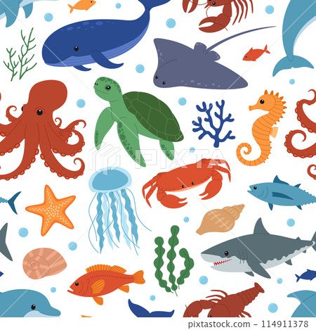 Sea and ocean animals seamless pattern. Cute dolphin, whale, crab, seahorse, starfish, lobster, turtle, stingray, octopus, shark, jellyfish and fish. Wild marine creatures. Vector illustration 114911378