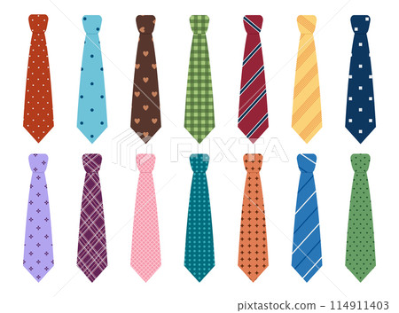 Set of colored man ties with different patterns. Neck tie collection for business or party. Accessories for man suits. Vector flat illustration isolated on white background 114911403