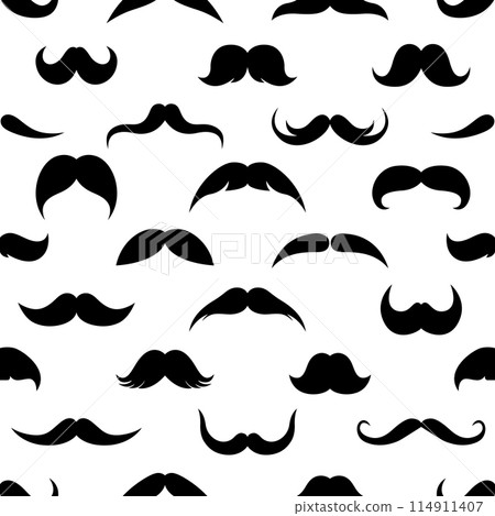 Mustache seamless pattern. Different black silhouettes of male moustaches on white background. Retro style. Vector flat illustration 114911407
