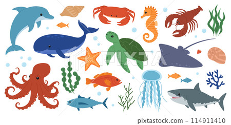 Set of sea and ocean animals. Cute dolphin, whale, crab, seahorse, starfish, lobster, turtle, stingray, octopus, shark, jellyfish and fish. Wild marine creatures. Underwater life. Vector illustration Set of sea and ocean animals. Cute dolphin, whale, crab, seahorse, starfish, lobster, turtle, stingray, octopus, shark, jellyfish and fish. Wild marine creatures. Underwater life. Vector illustration 114911410