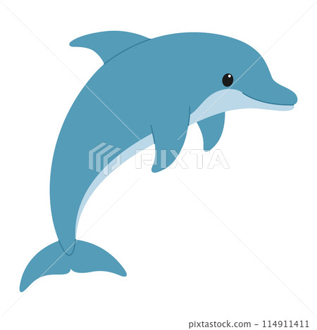 Cute blue dolphin jumping. Sea and ocean animal. Underwater life. Childish character. Vector flat illustration isolated on white background 114911411