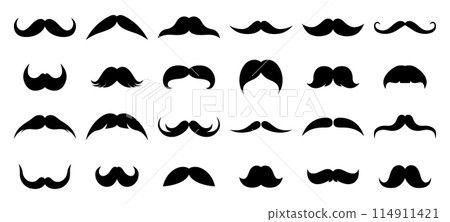 Mustache set. Black silhouettes of various male moustaches. Men's facial hair. Hipster, gentleman, barbershop concept. Vector flat illustration isolated on white background Mustache set. Black silhouettes of various male moustaches. Men's facial hair. Hipster, gentleman, barbershop concept. Vector flat illustration isolated on white background 114911421