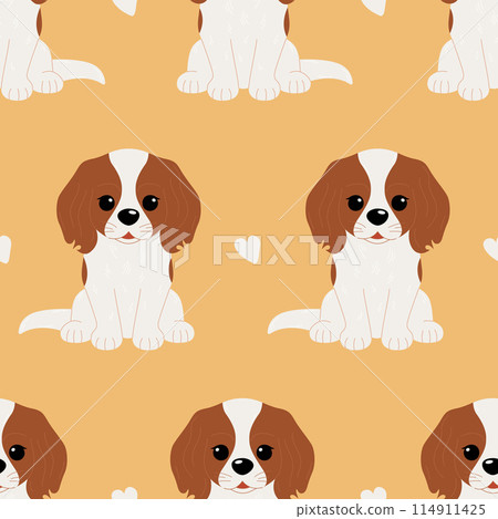 Seamless pattern with cute Cavalier King Charles Spaniel dog and hearts isolated on yellow background. Vector flat illustration Seamless pattern with cute Cavalier King Charles Spaniel dog and hearts isolated on yellow background. Vector flat illustration 114911425