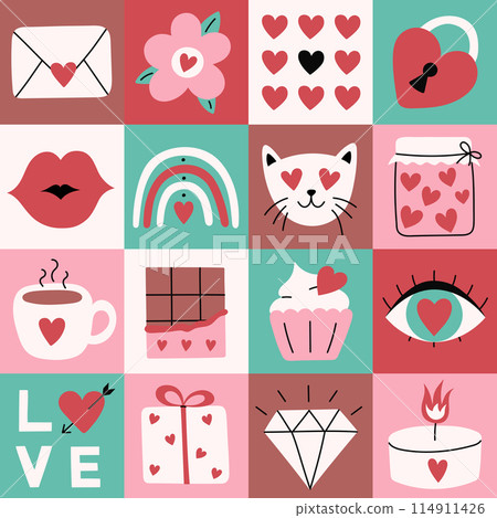 Mosaic seamless pattern for Valentine's Day. Geometric background with love symbols. Design for greeting card, wrapping paper or poster Mosaic seamless pattern for Valentine's Day. Geometric background with love symbols. Design for greeting card, wrapping paper or poster 114911426